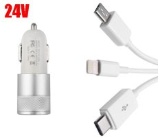 2-es USB töltő M-USB/Apple/Type-C 2.1A 12/24V  AE-WF132/N