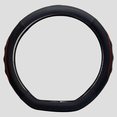 Fekete Bőr Kormányvédő "D" Típusú 38cm átm. , Piros Betéttel, KV-5209D/BR