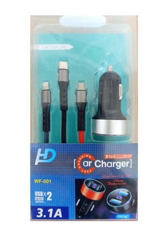 HD Autóstöltő 3in1 Voltmérővel 3.1A  AE-WF001