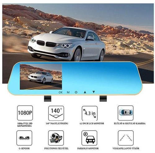 Visszapillantó tükörbe épített DVR eseményrögzítő és tolatókamera BGS106/ GZ-14356
