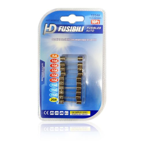 HD Üvegbiztosíték Készlet Nagy 10db 12/24V