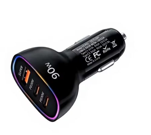 3 portos autós gyorstöltő RGB LED-fénygyűrűvel  QC30W,PD30-90W 